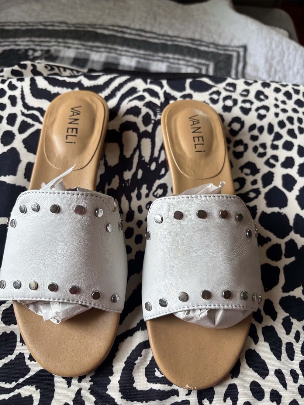 Vaneli White Studded Leather Slide Mules